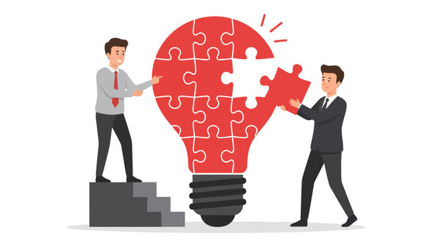 Two businessmen completing puzzle lightbulb teamwork concept