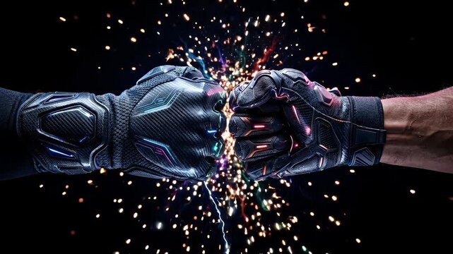 Futuristic Football Gloves Clash with Electric Sparks - Two hands encased in futuristic, high-tech football gloves collide, generating a spectacular burst of vibrant RGB sparks and lightning.