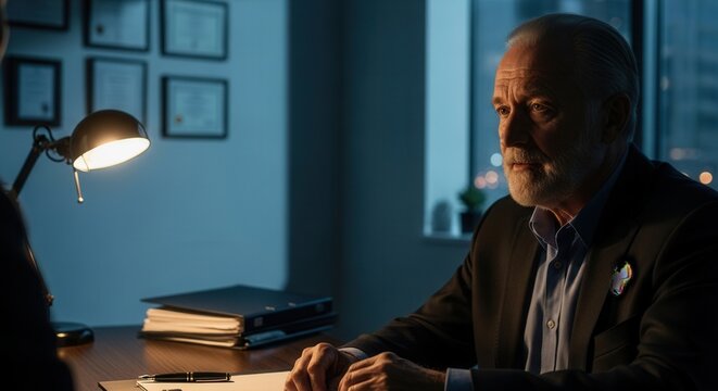 Serious Investigator Is Interviewing Someone In Low-Lit Room To Obtain Information