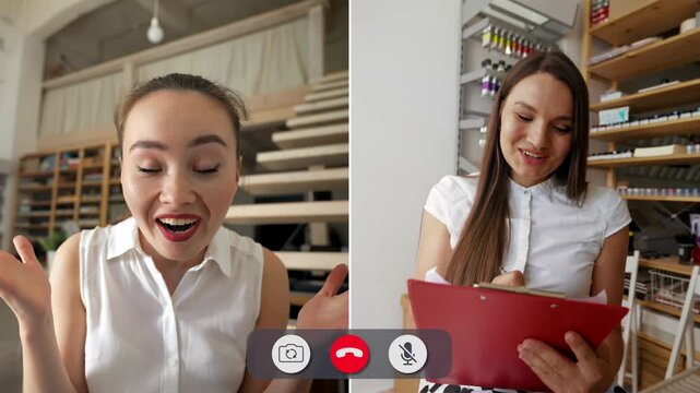 Two students connect in an online call. One student shows happiness while the other expresses focus. They discuss schoolwork and share ideas.