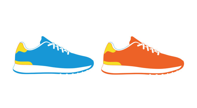 Bright Blue and Orange Running Shoes Side by Side, Isolated on White Background