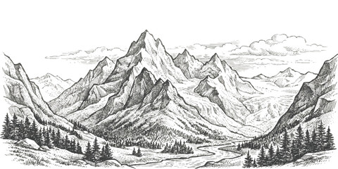 Fototapeta premium Hand drawn mountain valley landscape sketch with river evergreen forest trees and dramatic peaks