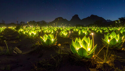 Glowing plants in dark landscape at night