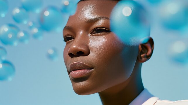 Portrait of a Black female model with glowing skin surrounded by blue bubbles against a clear sky, showcasing a cinematic skincare campaign aesthetic