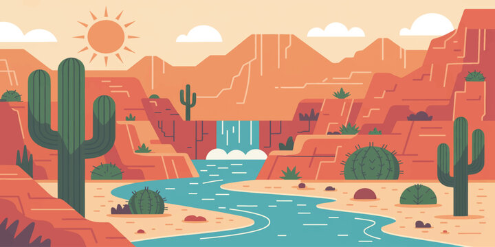 Vector illustration of a desert landscape with mountains trees sand and sunset sky