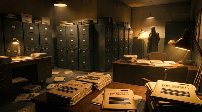 Realistic cinematic intelligence archive interior featuring redacted documents, secure filing systems and dark editorial style with ultra detailed textures