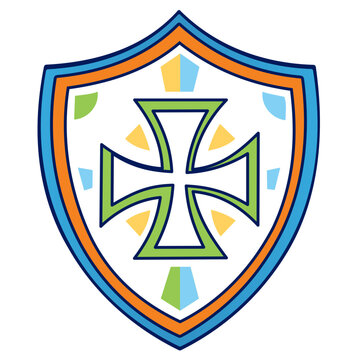 Multi-colored outlined heraldic buckler bearing a bold central cross patt&eacute;e, crafted with fully editable stroke widths and adjustable line weights for versatile security emblems, medieval crests, and