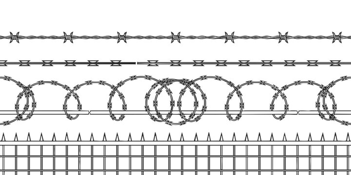 Collection set of horizontal security fences razor wire and barbed wire borders on white background
