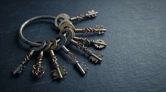 Ring of old metal keys with twisted wires wrapped around the key teeth