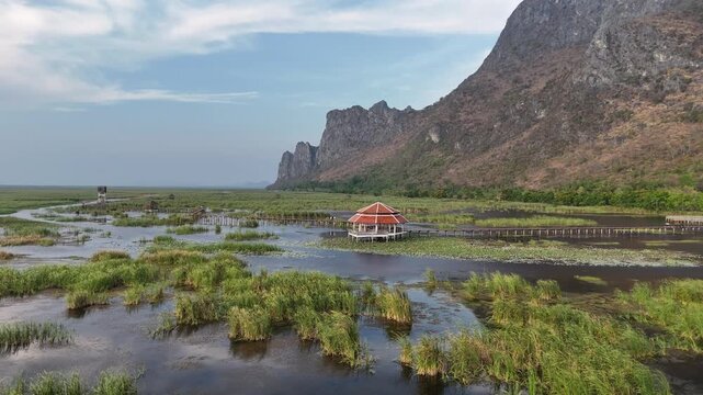 Aerial Drone View Of Bueng Bua Wetlands Thailand
Aerial drone footage of Bueng Bua Wood Boardwalk wetlands and limestone mountains in Thailand on 19 May 2026.
