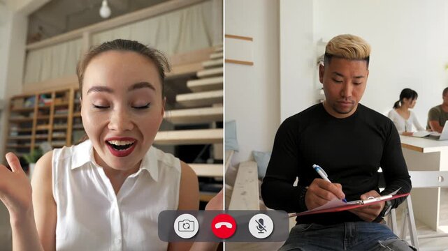 Two students connect during an online class. One shows joy and excitement while the other appears focused and calm. They engage in a lively discussion together.