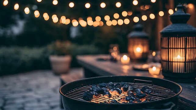 Cozy backyard barbecue scene with glowing charcoal grill and string lights at dusk