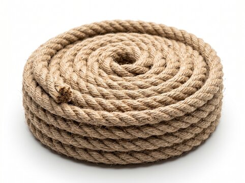 Coiled brown rope isolated on a white background with rough twisted fiber texture close-up