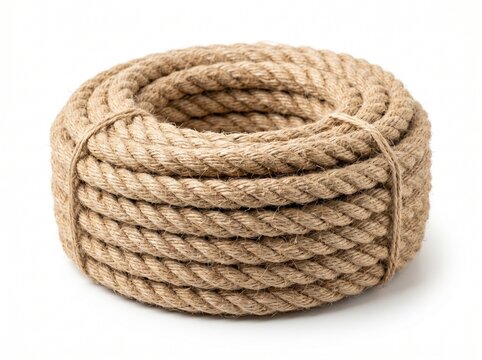 Coil of twisted brown rope isolated on white background with rough fiber texture and detailed cord pattern