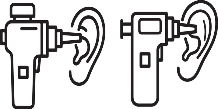 Otoscope and ear line illustration depicting medical examination tools on a white background anatomy auditory diagnosis healthcare vector graphic outline contour drawing symbol sign representation