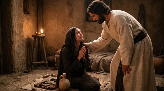 Man comforting praying woman in dark interior room. Biblical scene portraying Jesus giving solace to repentant woman. Religious historical drama, faith, prayer and divine compassion concept.