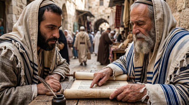 Two men reading ancient Torah scroll in Jerusalem market. Jewish teacher and student studying religious manuscript. Biblical scene of scholar education, tradition, history and faith.