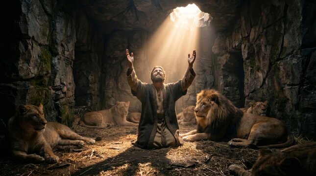 Biblical man praying in lion den. Religious scene depicting Daniel in den of lions with divine light streaming down into cave. Faith, miracle, divine protection and biblical story concept.