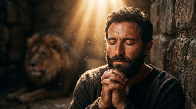 Man praying in lion den. Biblical scene of Daniel with lion in stone prison. Concept of faith, trust, and divine protection. Dramatic lighting in religious historical portrait.