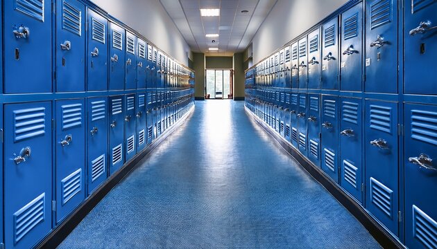 blue metal lockers lining nondescript high school hallway with windows high school lockers metal blue hallway