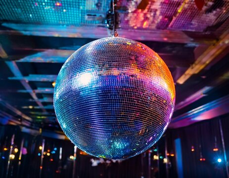 a glittering disco ball suspended from a ceiling with colorful lights reflected on it as the music pulses through the room disco lighting dark glitterball dance