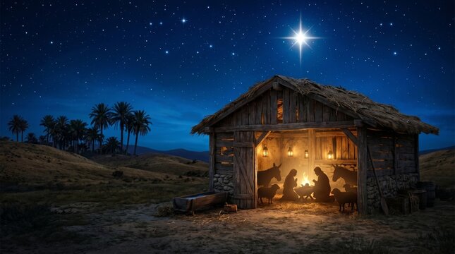 Nativity scene with woman and man inside stable with newborn child. Traditional Christmas religious setting under Bethlehem star. Birth of Jesus Christ in manger, holy night concept.