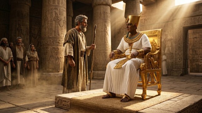 Moses talking to pharaoh sitting on throne in ancient Egyptian temple. Biblical prophet meeting ruler. Religious scene illustrating encounter of power, faith, leadership and history.