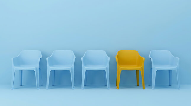 Single yellow plastic chair standing out among blue chairs row