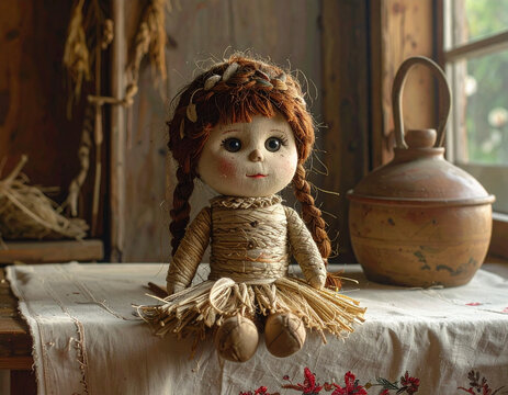 Boneka buatan tangan bergaya pedesaan dengan kepang dipajang