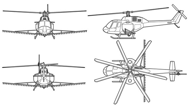 Agricultural helicopter aircraft technical drawing blueprint with front side back and top views CAD line art vector illustration