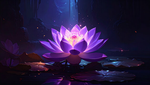 Illuminated purple lotus flower on dark water