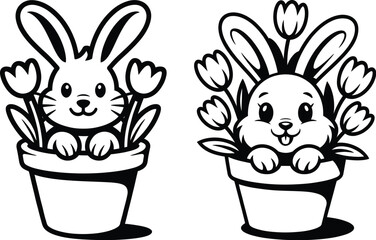 Obraz premium Adorable bunnies in pots with tulips black and white and color illustration character gardening adorable whimsical childish