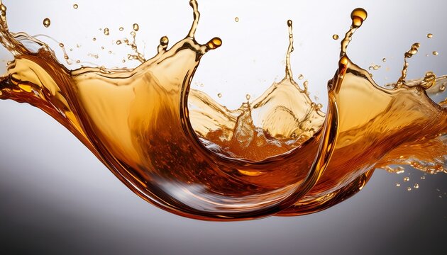 dynamic splash of amber liquid creating a fluid dynamic effect against transparent nothingness
