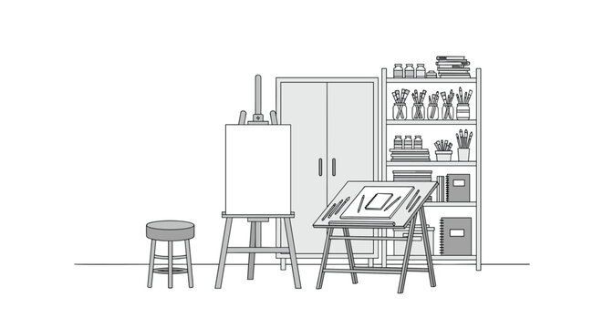 Creative artist's studio contains an easel with a blank canvas, a drafting table, a swivel stool, and shelves stocked with various art supplies.
