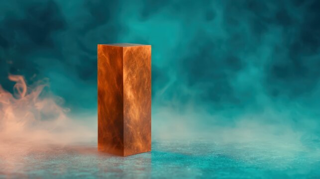 A copper-colored metallic rectangular prism stands upright on a textured surface with misty blue-green fog surrounding it.
