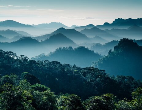 flat silhouette of rainforest landscape with mountains in the background