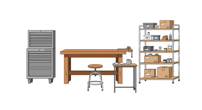 Professional workshop space features a sturdy wooden workbench with a vice, a metal tool chest, and organized storage shelving.