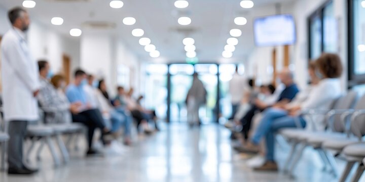 hospital waiting room, patients sitting in chairs, a doctor is standing at one end, bright, clean and modern, blurred background