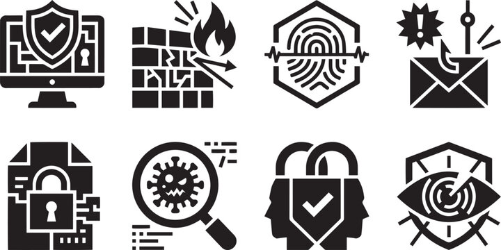 Cybersecurity and network protection glyph icons set