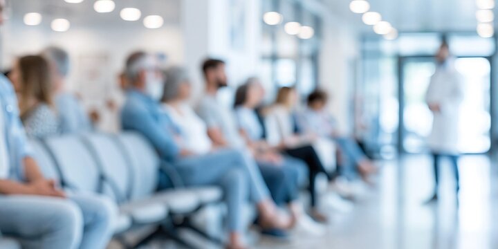 hospital waiting room, patients sitting in chairs, a doctor is standing at one end, bright, clean and modern, blurred background