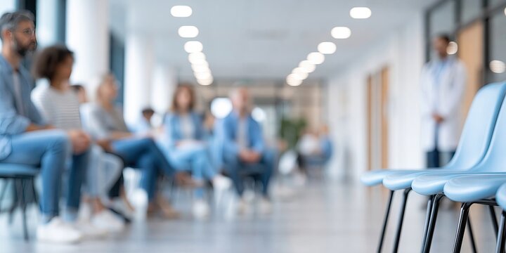 hospital waiting room, patients sitting in chairs, a doctor is standing at one end, bright, clean and modern, blurred background