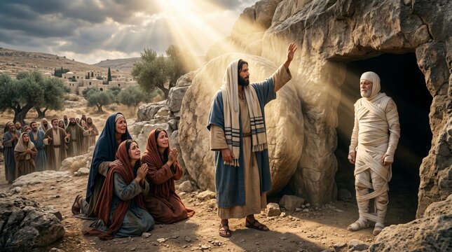 Jesus resurrecting Lazarus from tomb. Biblical scene with man rising from grave, women praying and crowd watching. Miracle of resurrection story, religious faith and belief concept.