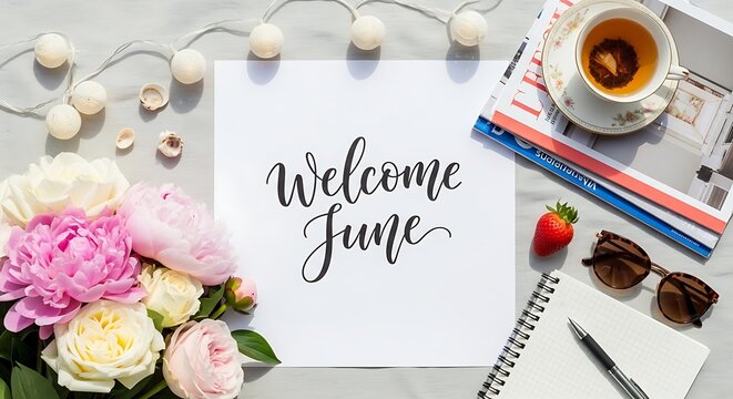 Welcome June greeting card with floral arrangement and stationery.