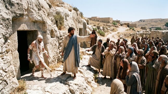 Jesus brings Lazarus back to life in front of a crowd. Biblical scene showing Lazarus exiting a stone tomb. Christian religious faith and miraculous resurrection story event.