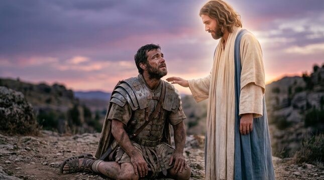 Jesus touching the shoulder of a kneeling Roman centurion. Biblical scene of compassion and forgiveness in a desert landscape at sunset. Spiritual guidance and religious faith concept.