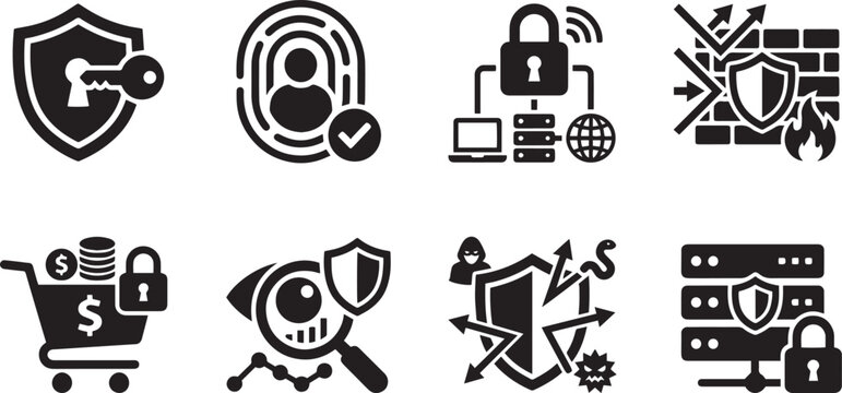 : Cybersecurity Icon Set with Firewall Protection, Biometric Authentication, and Secure Server Database