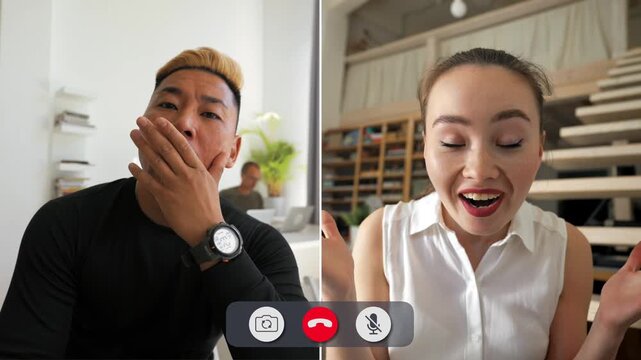 Students communicate through an online call. One student shows boredom while the other expresses excitement and joy as they discuss their project together.