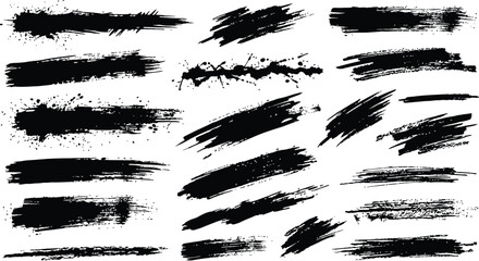 Collection of diverse black brush strokes and splatters artistic texture elements © Umme