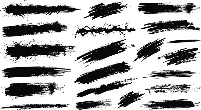 Collection of diverse black brush strokes and splatters artistic texture elements