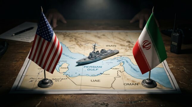 Flags of the United States and Iran placed on a map showing the Persian Gulf and a warship model. Geopolitical tension and strategic military analysis in the Middle East region.